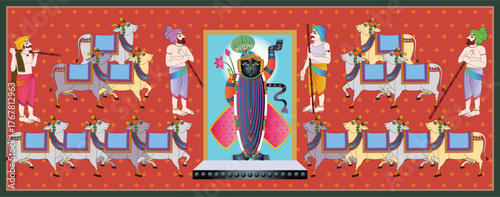 Shrinathji, Jagannath, or Lord Krishna with cows, in Indian folk painting Pichwai style	
