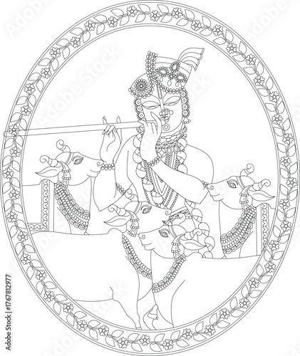 Shrinathji, Jagannath, or Lord Krishna with cows, in Indian folk painting Pichwai style	
