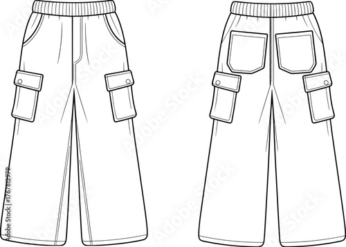 Cargo pants, fashion flat sketch, technical drawing, front view, back view, elastic waistband, flap pockets, wide leg, garment construction, apparel design