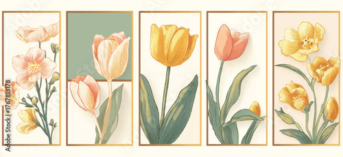 Elegant Floral Arrangement with Tulips and Blossoms in Framed Panels for Wall Art and Interior Decoration Projects Offering a Delicate Touch of Spring