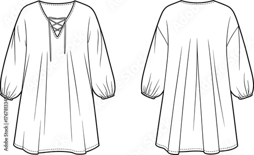 Technical Flat Sketch of Tunic Dress with Lace-Up Neckline – Front and Back View – Fashion Design, Garment Construction Vector