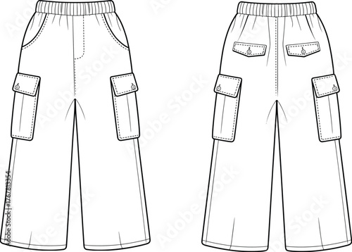 Cargo pants, women’s fashion sketch, technical flat drawing, front view, back view, elastic waistband, flap pockets, wide leg, garment construction, apparel design