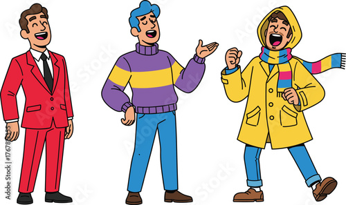 Three cartoon characters in expressive outfits interacting joyfully—vector illustration for friendship, fashion, emotion, lifestyle, and social connection themes