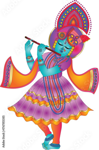 Shrinathji, Jagannath, or Lord Krishna with cows, in Indian folk painting Pichwai style	
