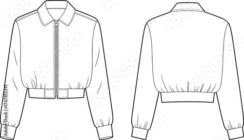 Cropped jacket, fashion flat sketch, technical drawing, front view, back view, zipper closure, collared neckline, stylish outerwear, garment construction, apparel design