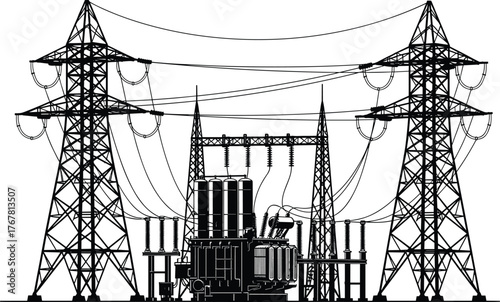 Electrical substation, power transmission, high voltage, energy infrastructure, electricity distribution, utility towers, transformer station, vector sketch, engineering design, energy concept