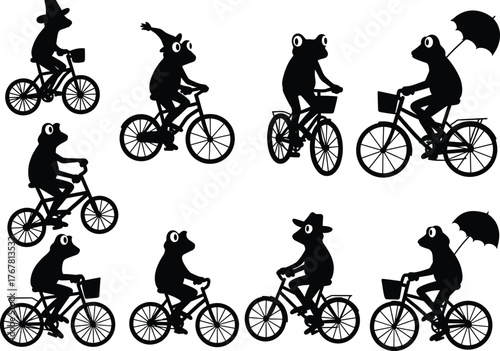 Frog silhouettes, riding bicycles, whimsical illustration, animal sketch, playful design, creative concept, cycling frogs, humorous art, vector drawing, fantasy theme