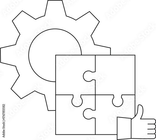 Gear jigsaw puzzle and thumbsup hand drawn in black lines on a white background