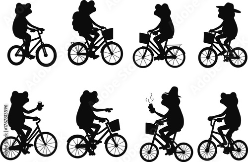 Frog silhouettes, riding bicycles, whimsical illustration, cartoon sketch, playful design, animal cycling, creative concept, humorous art, vector drawing, fantasy theme