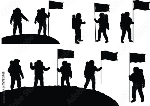 Hiker silhouettes, mountaineer figures, summit achievement, flag celebration, outdoor adventure, mountain climbing, travel exploration, gesture poses, vector sketch, nature design