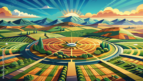 Very beautiful 4K aerial panorama of crop circles in Colorado, USA, showcasing geometric agricultural patterns across vast farmlands under bright sunlight, with clear skies and rural landscape views.