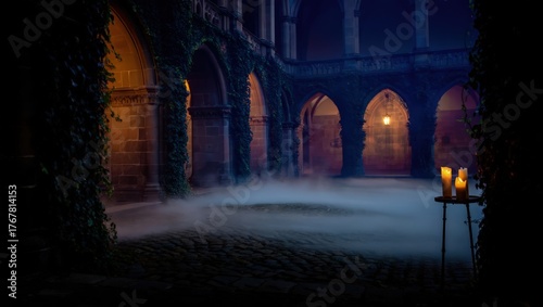 Mysterious old castle hallway dimly lit with lanterns and fog, creating cinematic gothic fantasy mood. Generative AI.
