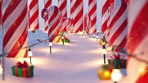 Playful Christmas scene with candy canes, snow, and small gift boxes creating a joyful festive mood. Generative AI.