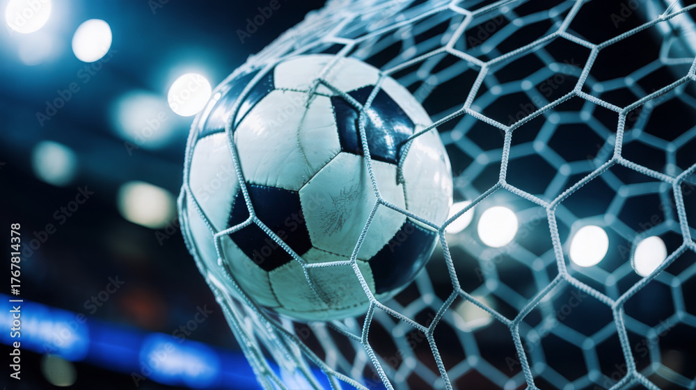 Naklejka premium Soccer ball in the net after scoring a goal 