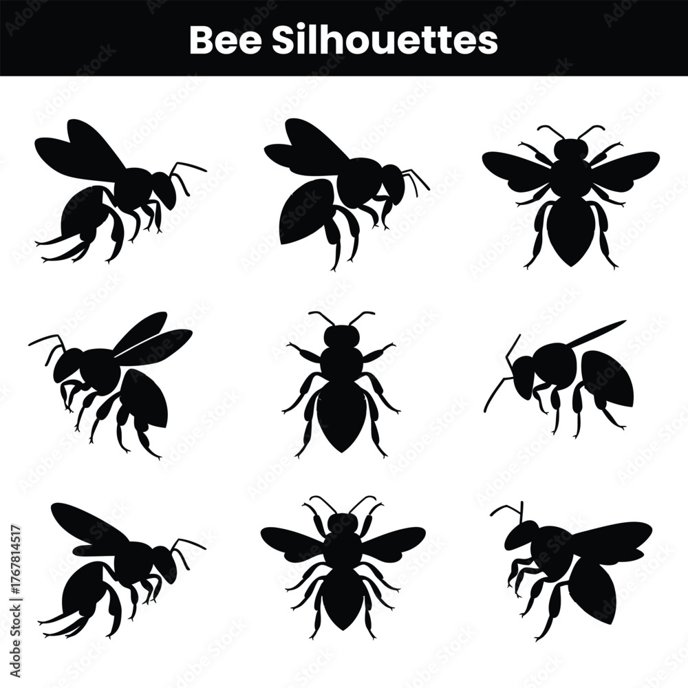 Naklejka premium Detailed bee silhouette collection featuring honey bees, bumblebees, and wasps in various flying and resting poses isolated on white background for nature, insect, and wildlife