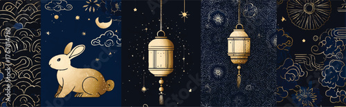 Elegant Mid Autumn Festival Design with Golden Rabbit Lanterns and Celestial Elements for Festive Celebrations and Cultural Events in Asia