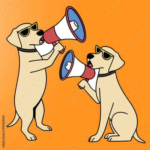 Cute dog holding megaphone cartoon vector icon illustration. animal technology icon concept isolated