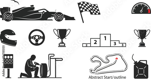 Car race, Formula 1 car race icons set vector illustration silhouette 