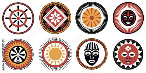 Tribal Ethnic Masks Vector Icons Collection, Circular Wheel Designs, Traditional Cultural Patterns, African and Global Art Inspired Decorative Symbols, Isolated Vector Set