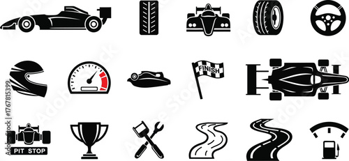 Car race, Formula 1 car race icons set vector illustration silhouette 