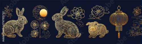Elegant Mid Autumn Festival Illustration with Golden Rabbits Moon and Lanterns on Dark Blue Background for Chinese New Year Design and Festive Celebrations