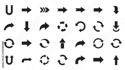 A collection of various arrow icons in black and white, representing different directions and actions.