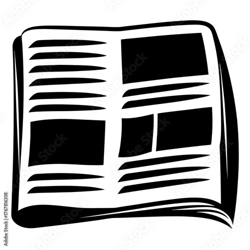 Open newspaper with bold black and white text and images