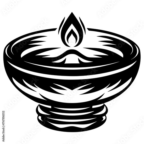 Traditional oil lamp with flame burning brightly abstract line art