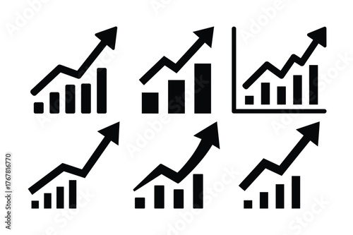 Financial growth chart analytics silhouette icon set