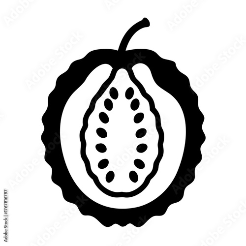 Stylized black and white icon of a halved papaya fruit, showcasing its seeds and central structure, isolated on a