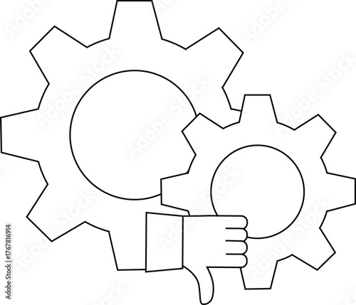 Two interlocking gears with a thumbsdown hand gesture visible in the foreground