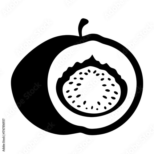 Black silhouette of a peach cut in half, revealing its seed and flesh