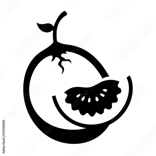 Black silhouette of a guava with a slice removed, showing its seeds and flesh