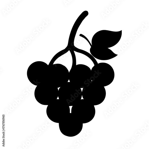 A stylized black silhouette of a bunch of grapes with a stem and two leaves, isolated on a, representing fruit and nature
