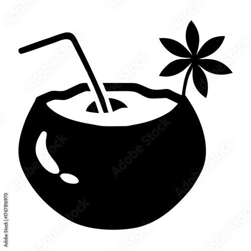 Black silhouette of a coconut drink with a straw and flower