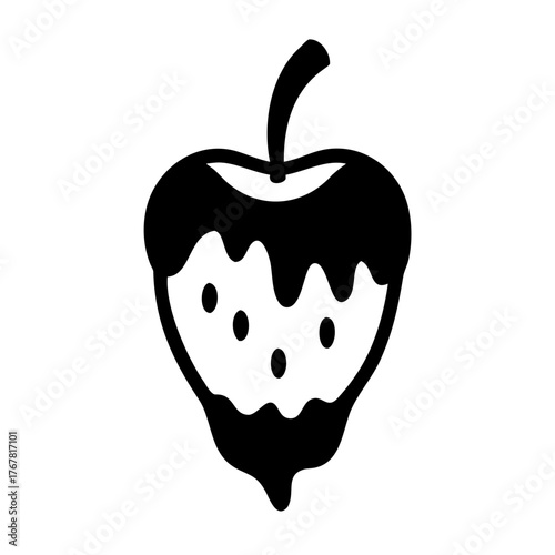 A black and white silhouette of a strawberry with a dripping effect, isolated on a