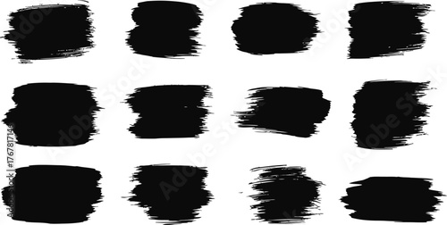 Collection of twelve abstract black brush stroke paint splatters and textures on a white background