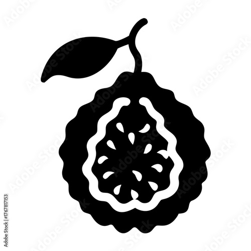 Black silhouette of a whole passion fruit with a leaf on a