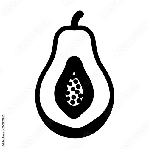 A black silhouette of a halved papaya with visible seeds, presented in a simple, clean style, isolated on a, ideal for culinary and healthrelated designs