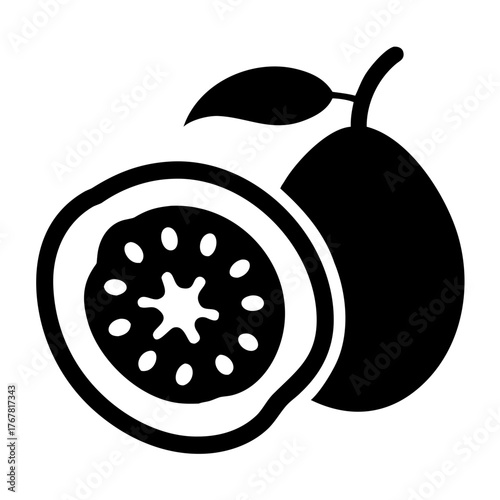 Black icon of a passion fruit, whole and halved