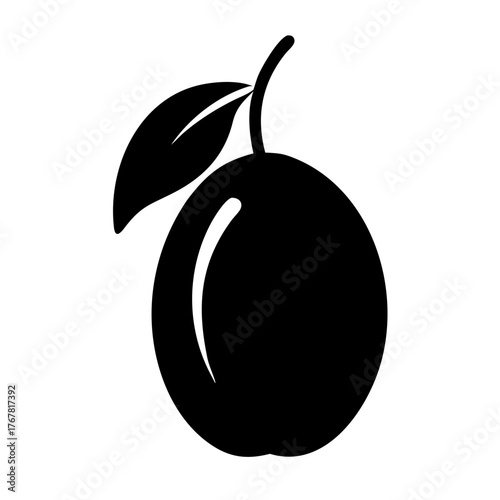Black silhouette of a plum with a leaf