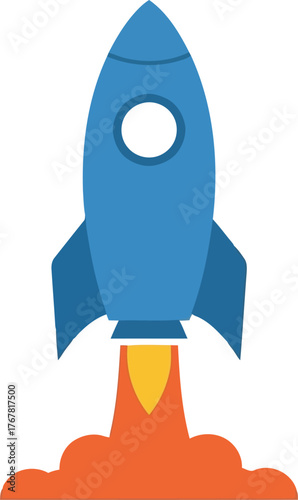 Blue rocket launching with fiery exhaust simple flat icon space exploration vector