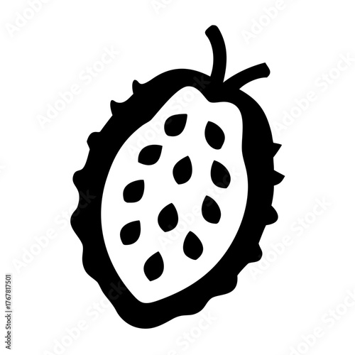 Stylized black and white illustration of a halved rambutan fruit, showcasing its textured outer skin and numerous seeds within, isolated on a