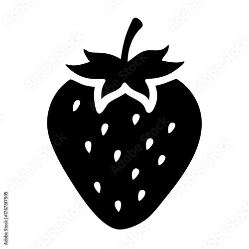 Black silhouette of a strawberry, a simple and clean icon representing the fruit with its characteristic shape and seeds, perfect for design and illustration purposes