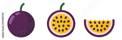 Passion fruit whole and half, purple rind with seedy pulp, tropical fruit illustration, healthy food, packaging, vector clipart