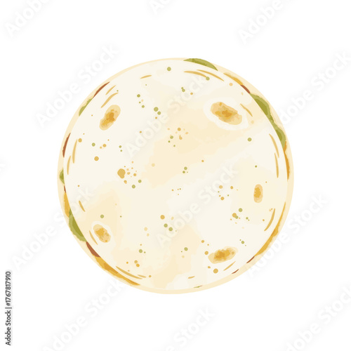 Watercolor style illustration of a tortilla flatbread. Hand-drawn Mexican food graphic element. Top view vector isolated on a transparent background