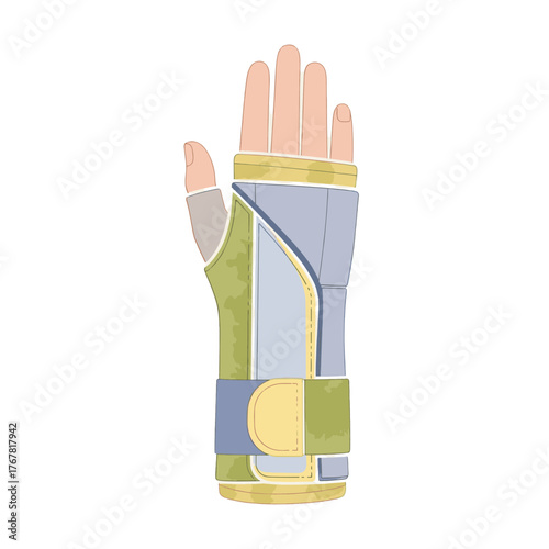 Flat vector style illustration of a wrist brace. Medical support for hand injury and carpal tunnel syndrome. Orthopedic splint graphic isolated on a transparent background