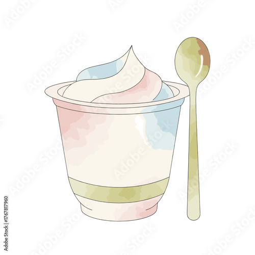 Flat vector style illustration of a yogurt cup. Pastel watercolor dessert icon with a spoon. Isolated dairy food graphic