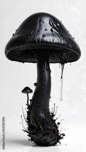 Glossy black mushroom with drips, miniature sprout, against white backdrop