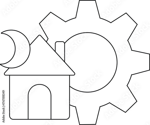 A simple line art illustration of a house crescent moon and gear wheel